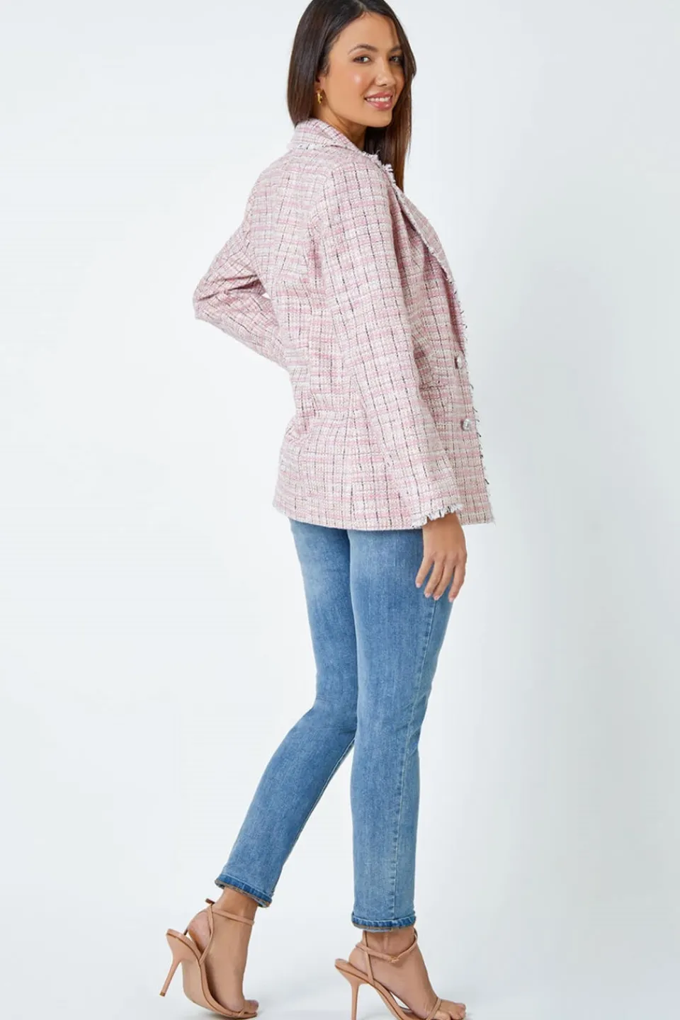 Coats & Jackets>Roman Pink Frayed Edge Boucle Check Jacket