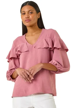 Tops>Roman Pink Frill Front Woven Top