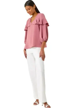 Tops>Roman Pink Frill Front Woven Top