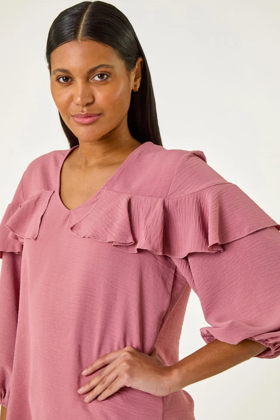 Tops>Roman Pink Frill Front Woven Top