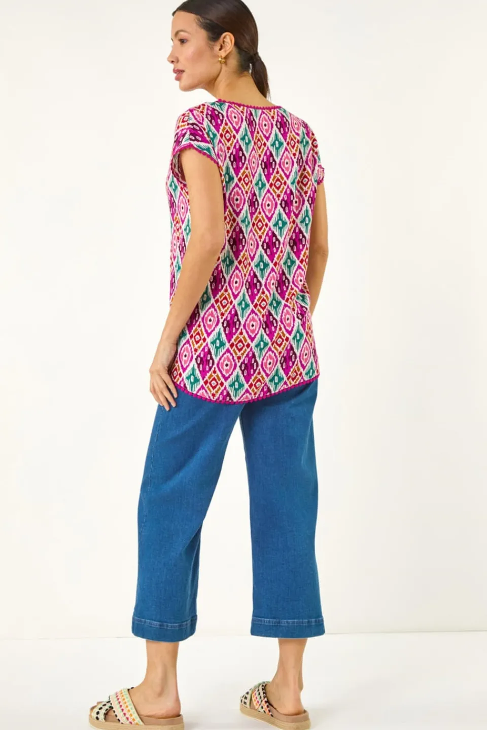 T-Shirts>Roman Pink Ikat Print Bobble Trim Tee