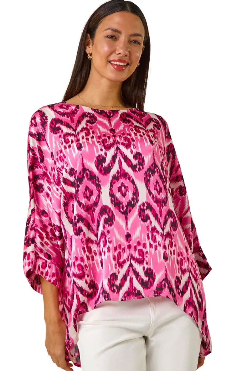 Tops>Roman Pink Ikat Print Tunic Top