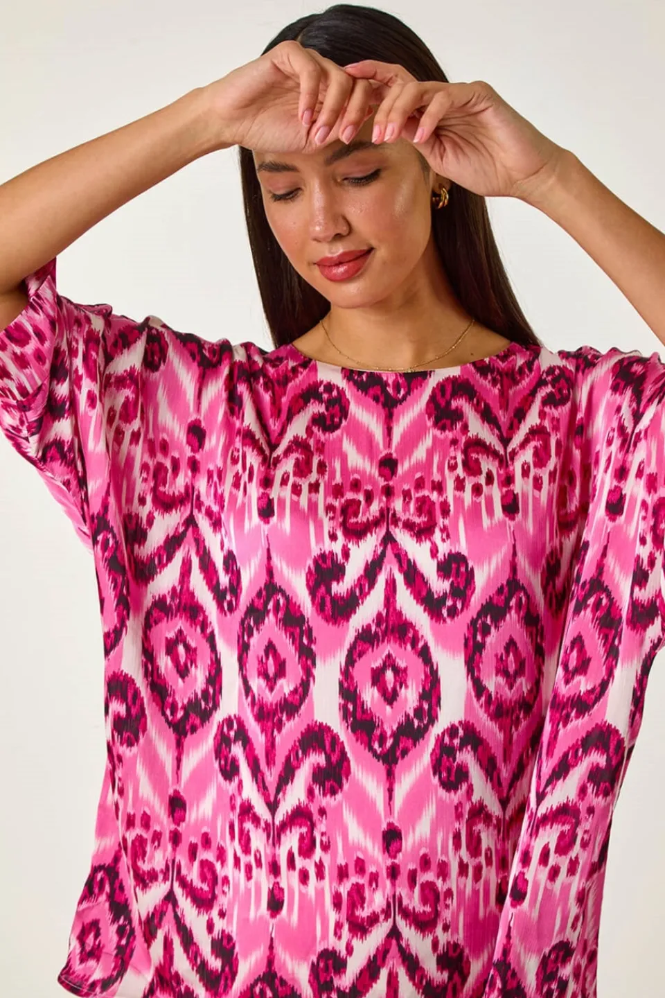 Tops>Roman Pink Ikat Print Tunic Top