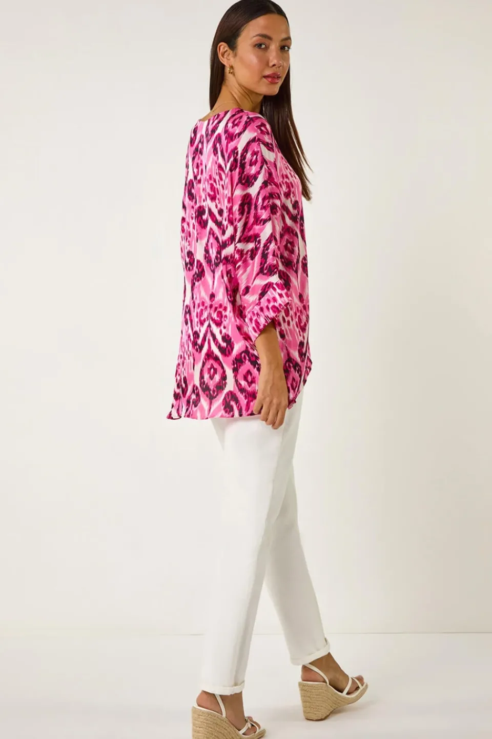 Tops>Roman Pink Ikat Print Tunic Top