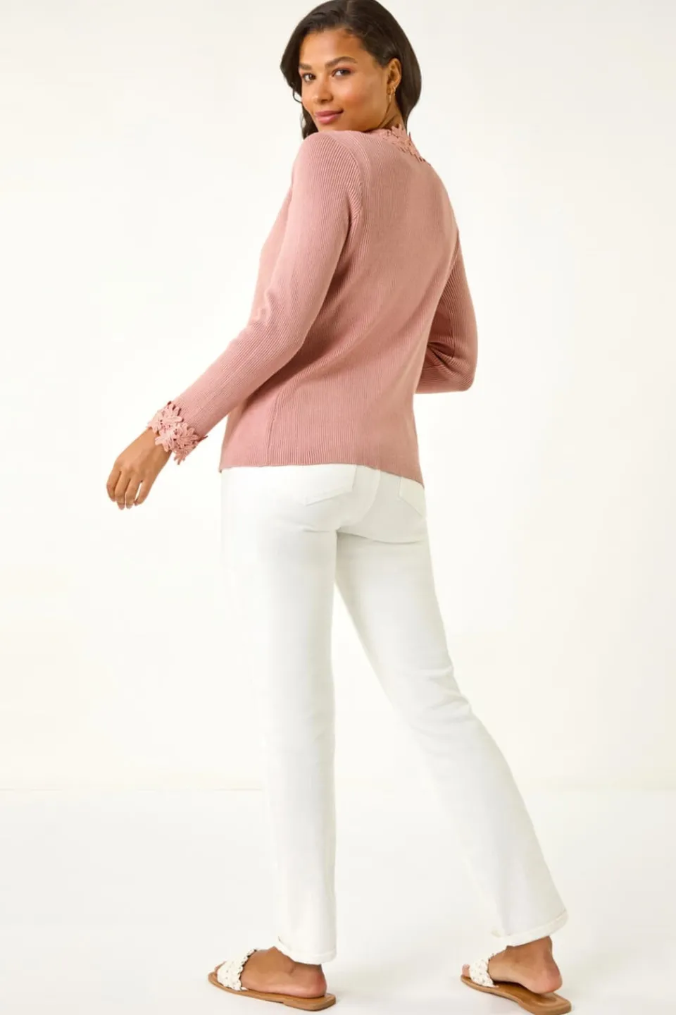 Tops>Roman Pink Lace Trim Knit Cardigan