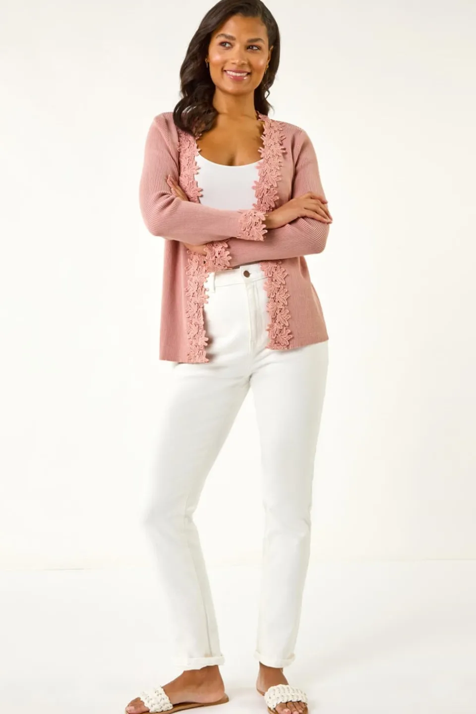 Tops>Roman Pink Lace Trim Knit Cardigan