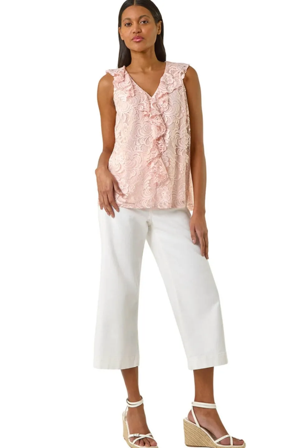 Tops>Roman Pink Lace V-Neck Ruffle Front Top