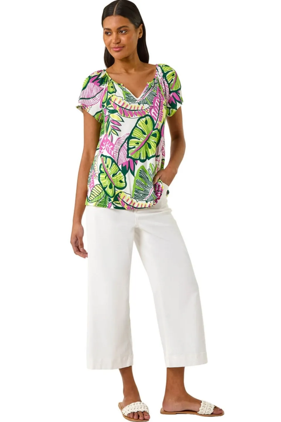 Tops>Roman Pink Leaf Print V Neck Stretch Top