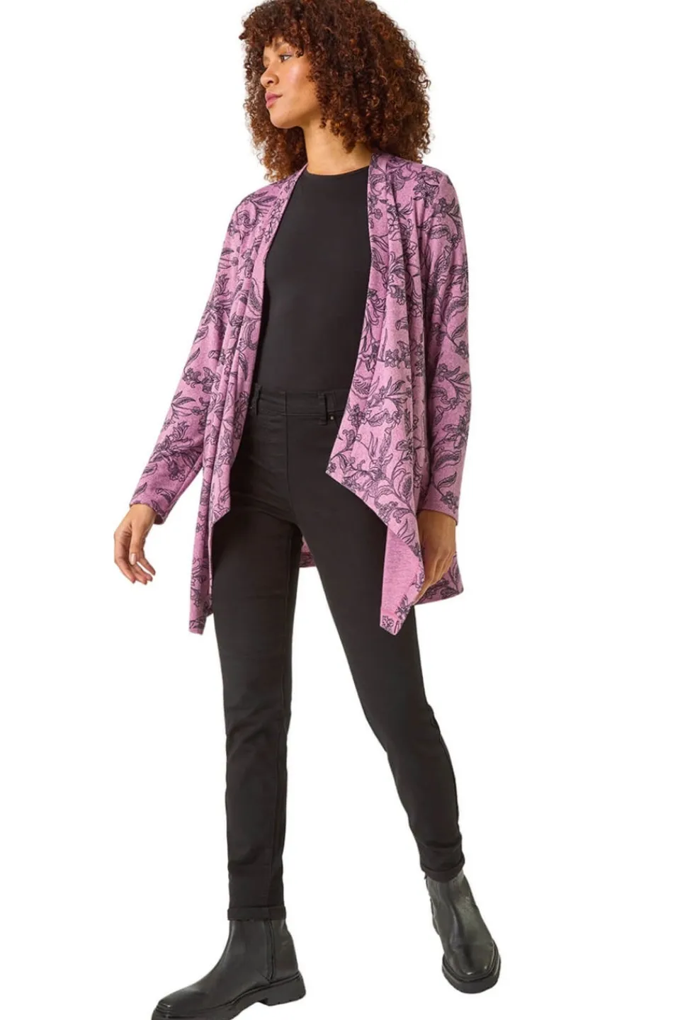 Tops>Roman Pink Linear Floral Print Gathered Cardigan