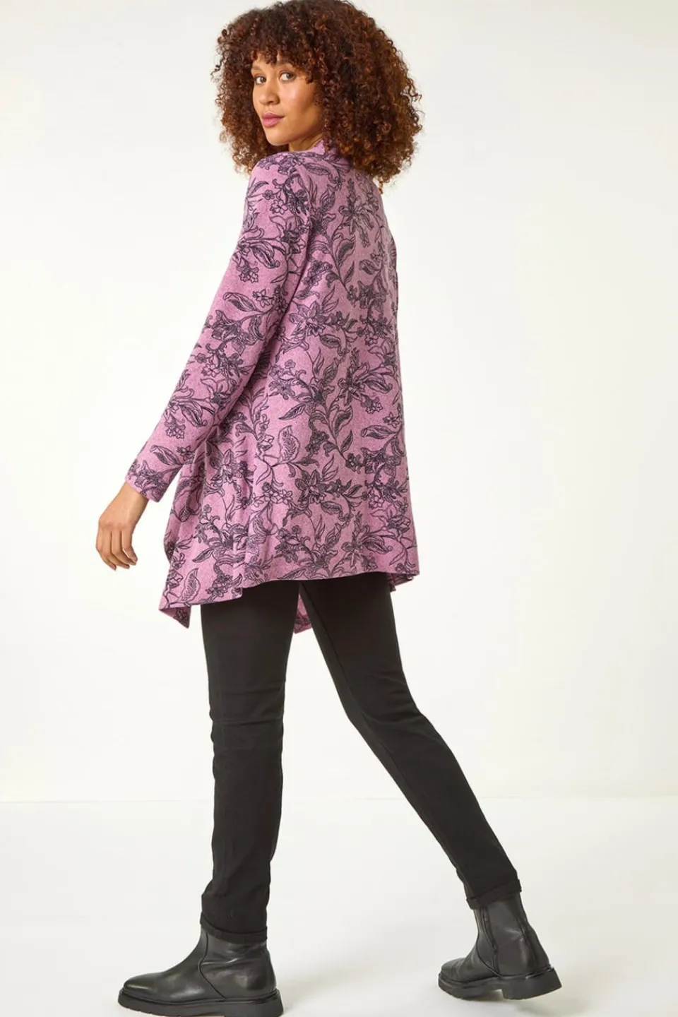 Tops>Roman Pink Linear Floral Print Gathered Cardigan