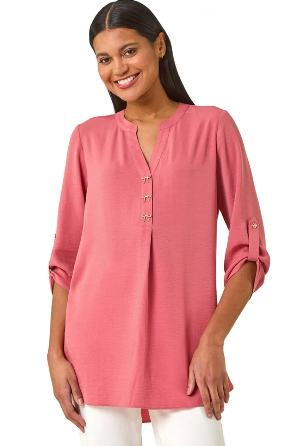 Tops>Roman Pink Longline Bow Button Tunic Top