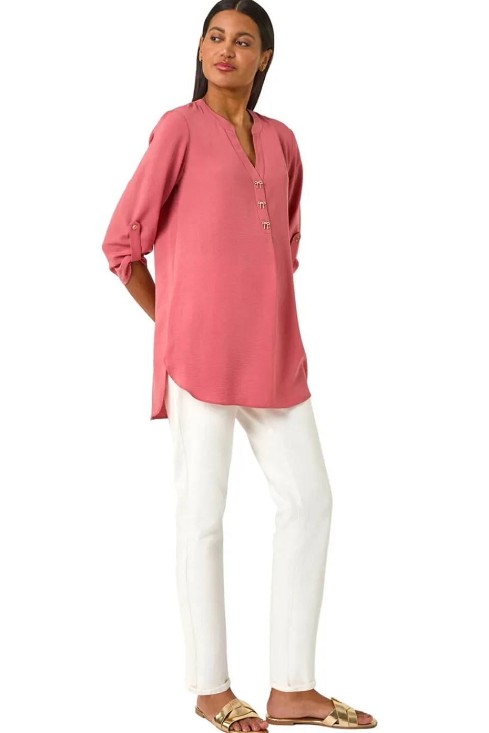 Tops>Roman Pink Longline Bow Button Tunic Top