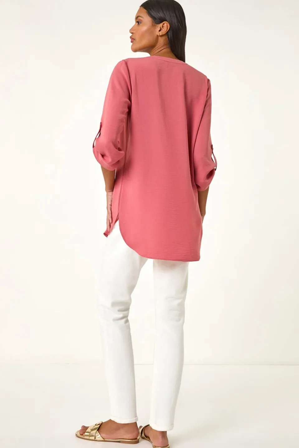Tops>Roman Pink Longline Bow Button Tunic Top