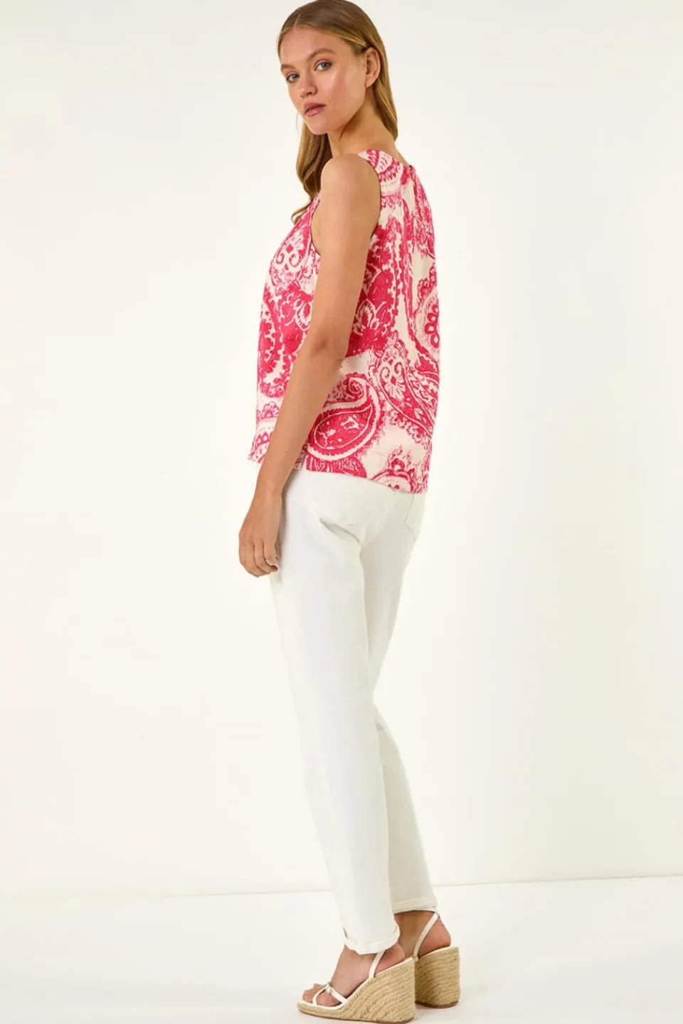 Tops>Roman Pink Paisley Print Shell Top