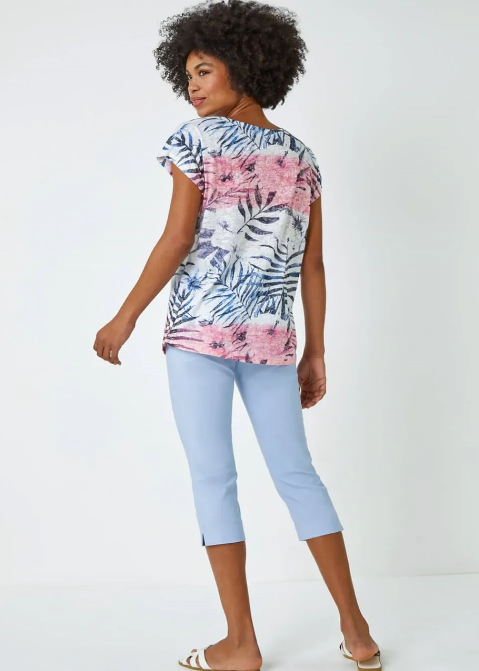 T-Shirts>Roman Pink Palm Print Burnout T-Shirt