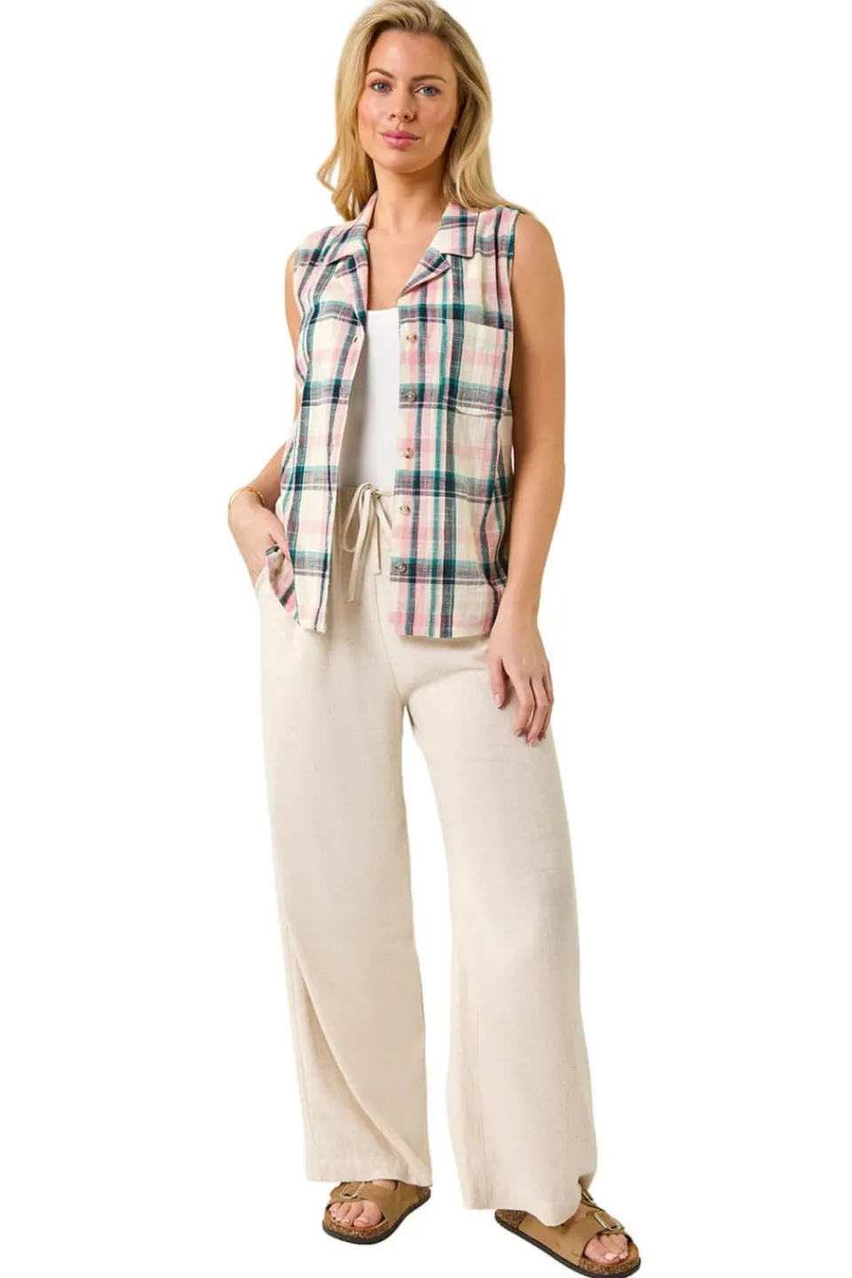 Tops>Roman Pink Petite Check Print Button Blouse