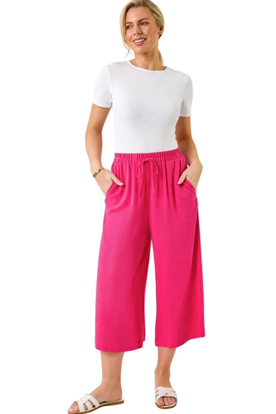 Trousers>Roman Pink Petite Elasticated Waist Linen Mix Culotte