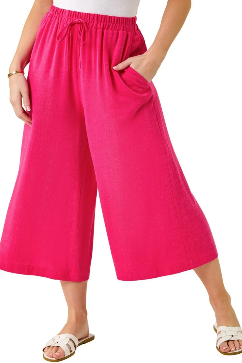 Trousers>Roman Pink Petite Elasticated Waist Linen Mix Culotte