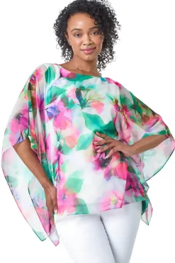 Blouses & Shirts>Roman Pink Petite Floral Print Overlay Top