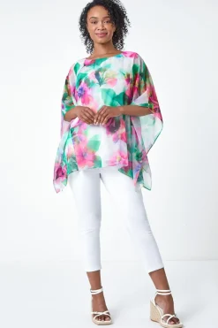 Blouses & Shirts>Roman Pink Petite Floral Print Overlay Top