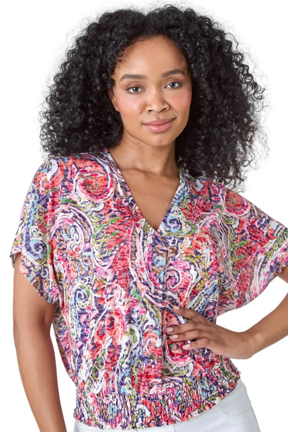 T-Shirts>Roman Pink Petite Paisley Shirred Hem Stretch Top