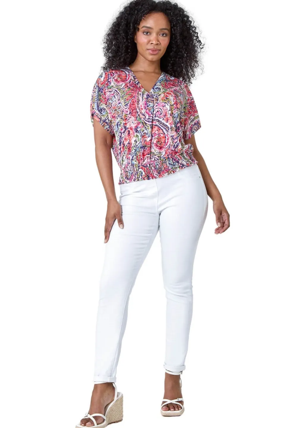 T-Shirts>Roman Pink Petite Paisley Shirred Hem Stretch Top