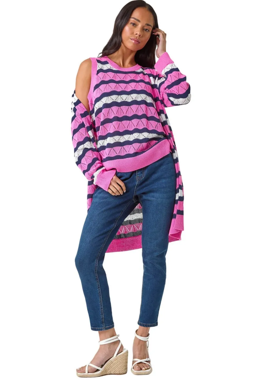 Tops>Roman Petite Stripe Knitted Vest Pink