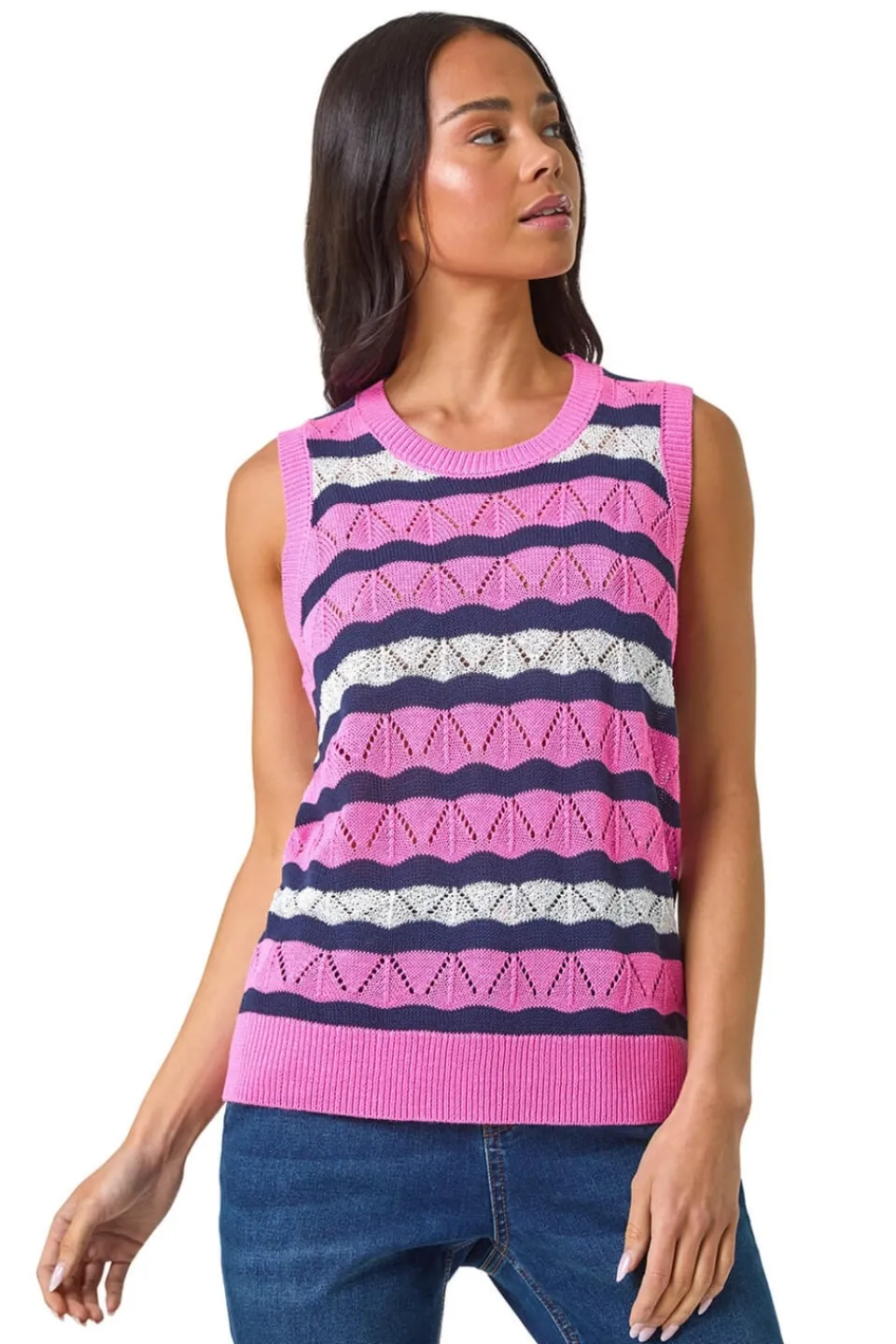 Tops>Roman Petite Stripe Knitted Vest Pink