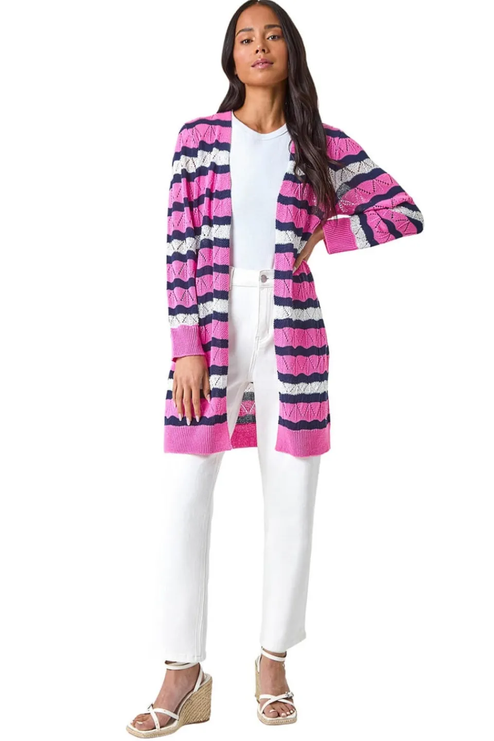 Tops>Roman Pink Petite Stripe Pointelle Knit Cardigan