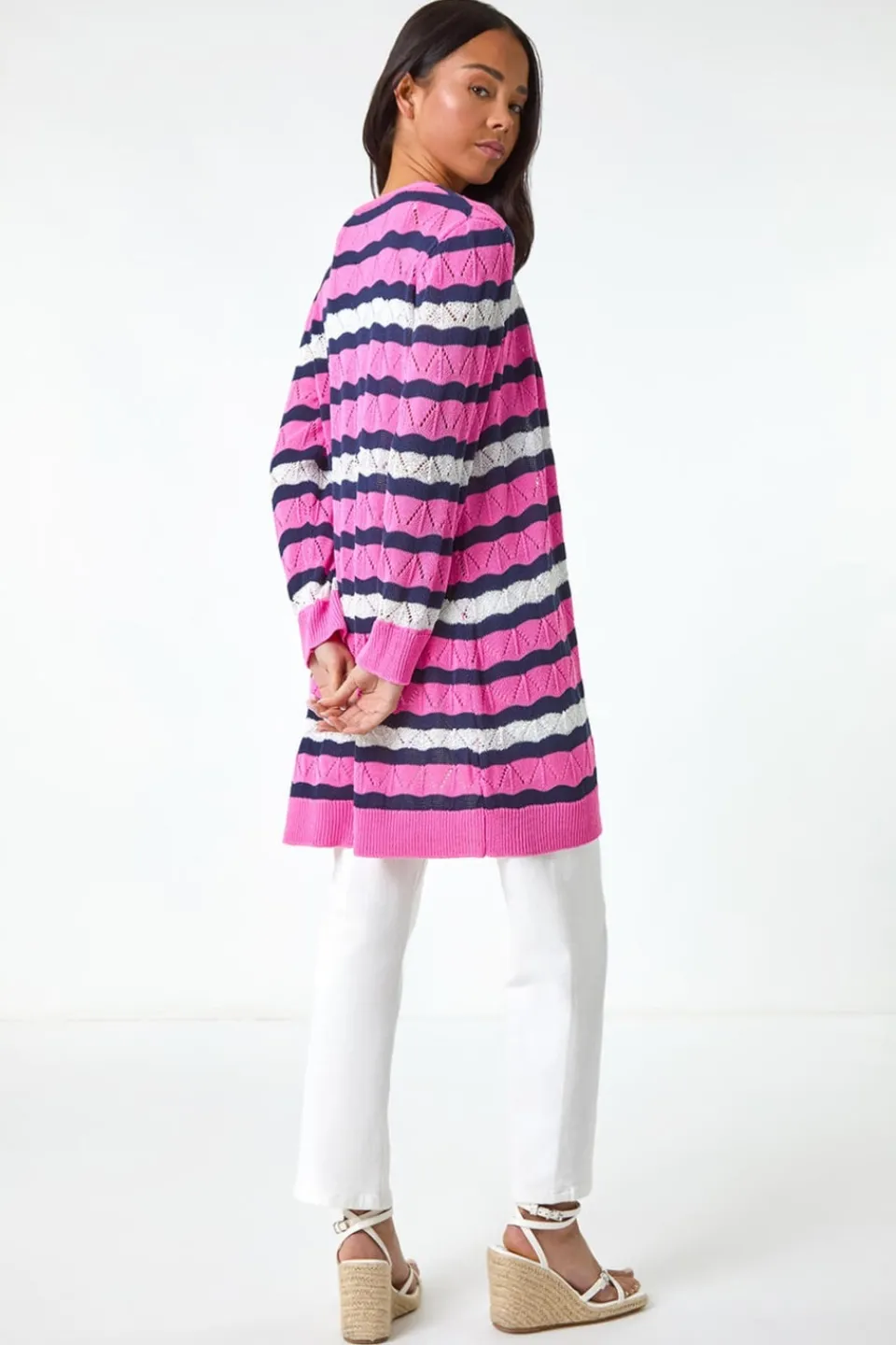 Tops>Roman Pink Petite Stripe Pointelle Knit Cardigan