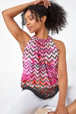 Tops>Roman Pink Petite Zig Zag Print Halterneck Top