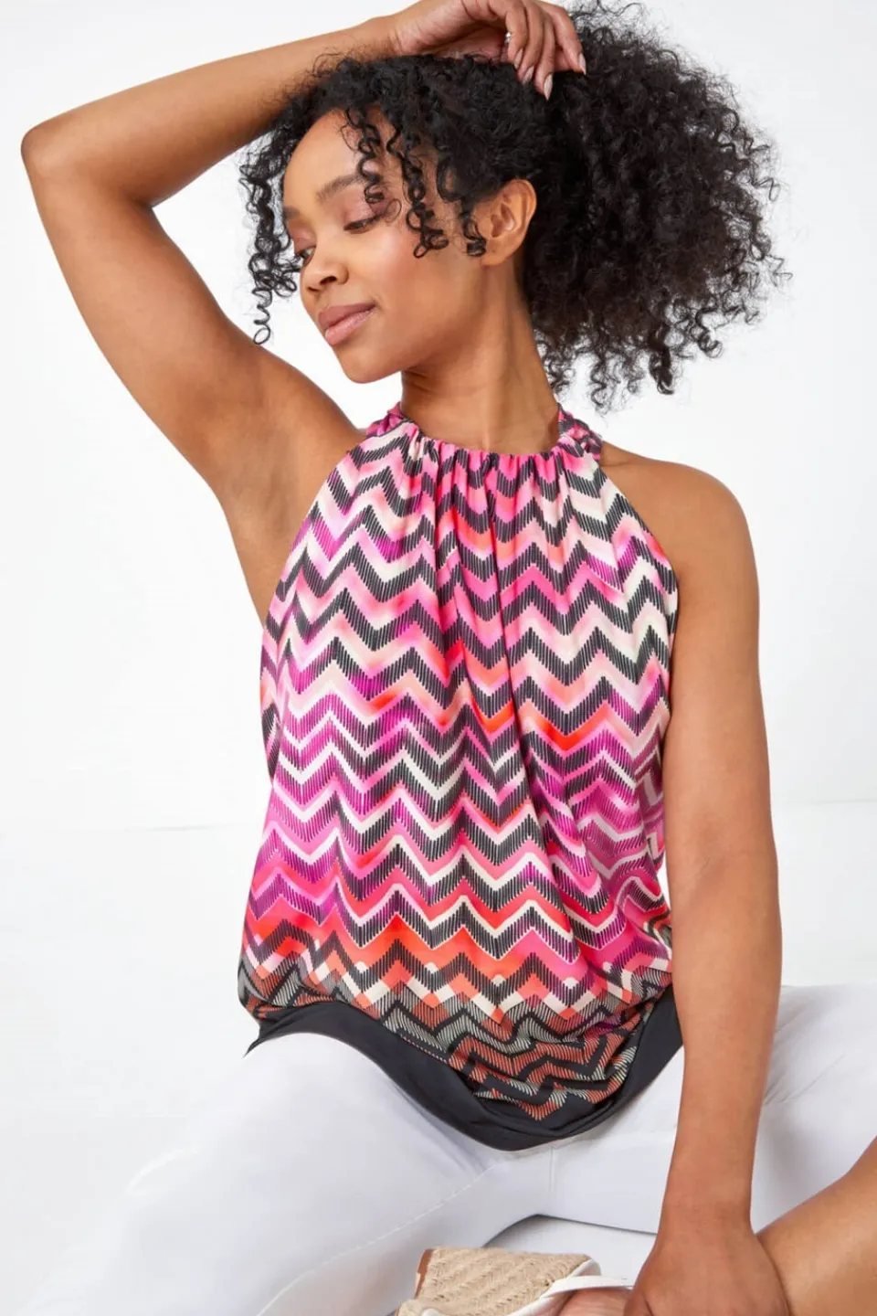 Tops>Roman Pink Petite Zig Zag Print Halterneck Top