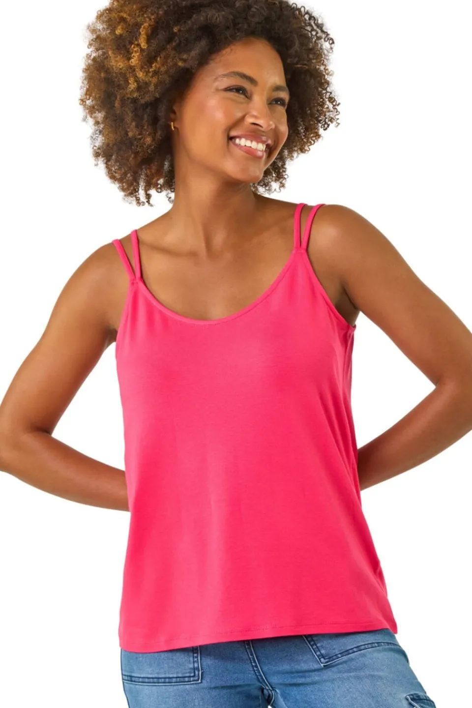 Tops>Roman Pink Plain Double Strap Stretch Vest Top