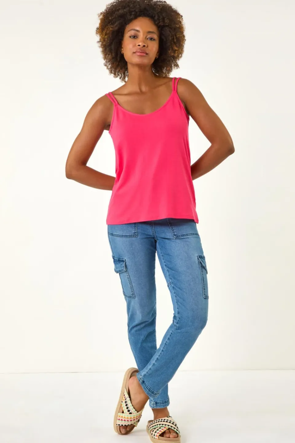 Tops>Roman Pink Plain Double Strap Stretch Vest Top