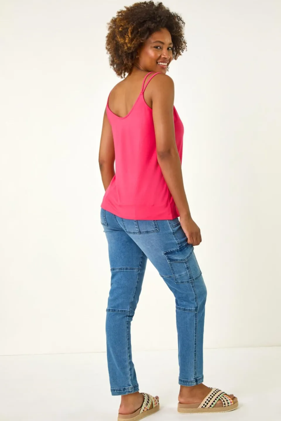Tops>Roman Pink Plain Double Strap Stretch Vest Top