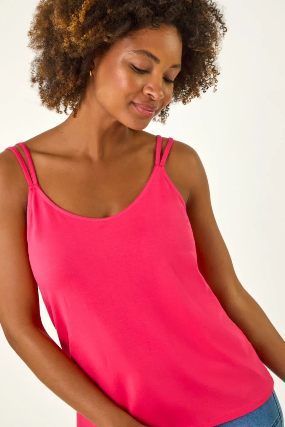 Tops>Roman Pink Plain Double Strap Stretch Vest Top