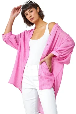 Tops>Roman Pink Plain Oversized Cotton Blend Shirt