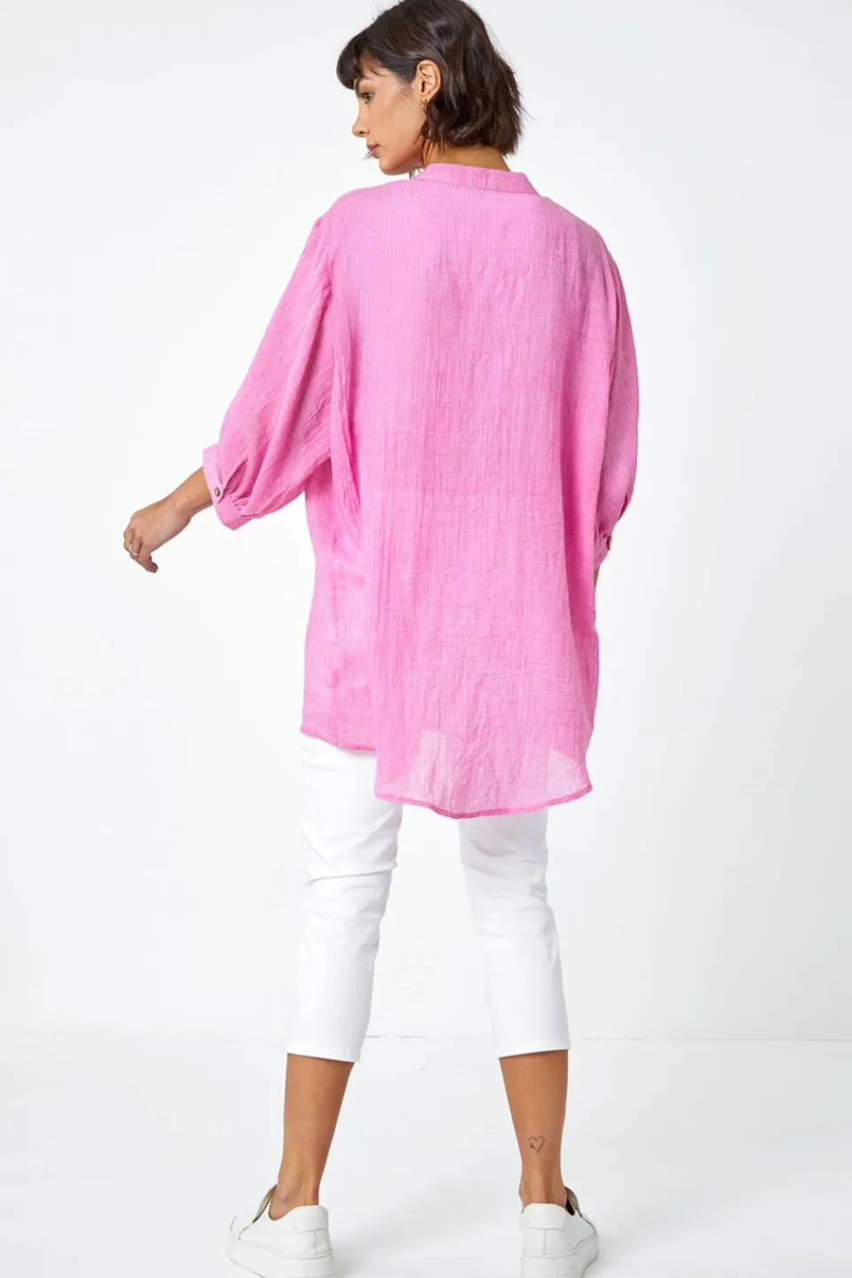 Tops>Roman Pink Plain Oversized Cotton Blend Shirt