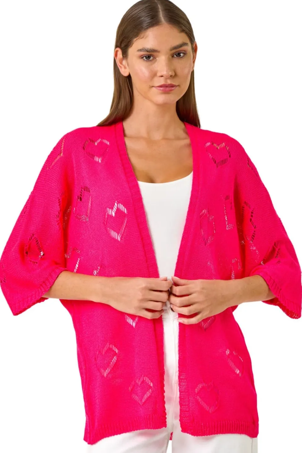 Tops>Roman Pink Pointelle Heart Knit Cardigan