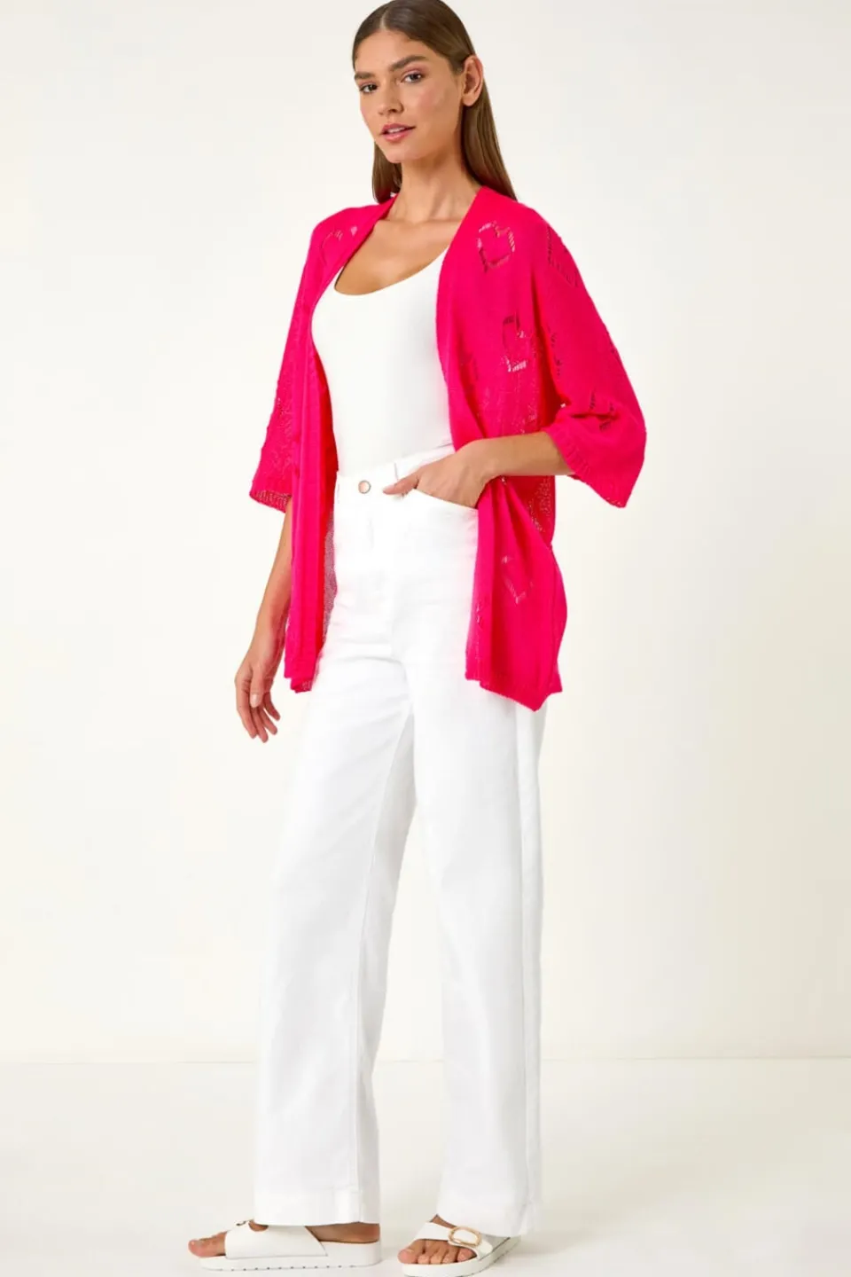 Tops>Roman Pink Pointelle Heart Knit Cardigan