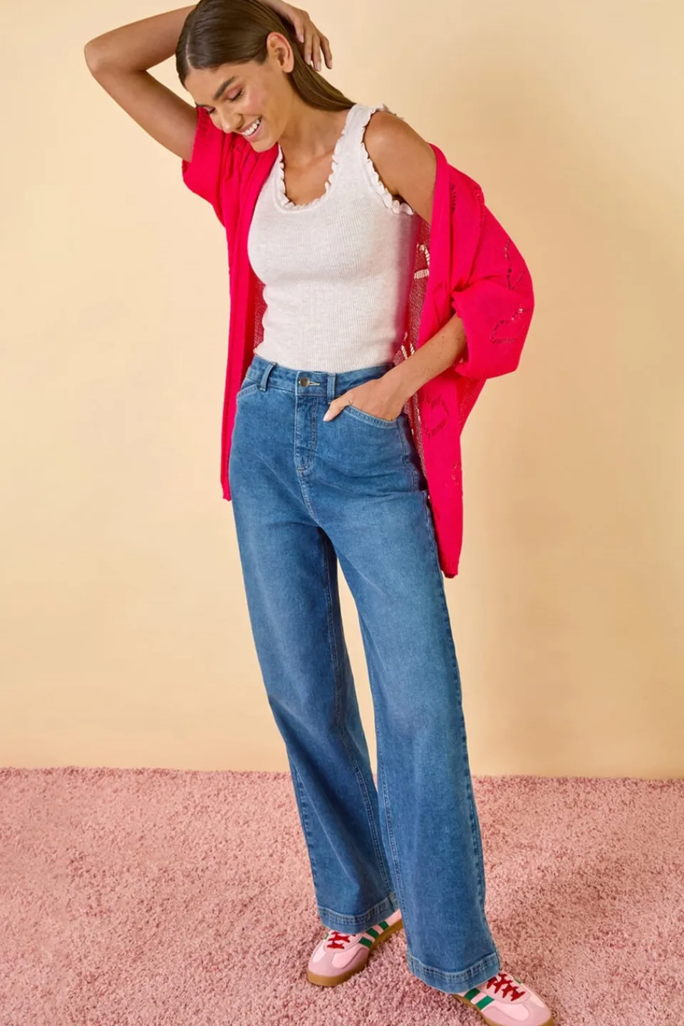 Tops>Roman Pink Pointelle Heart Knit Cardigan
