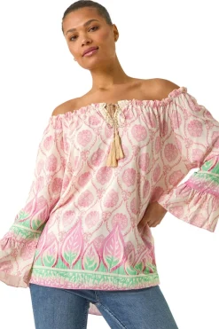 Tops>Roman Pink Printed Bardot Tie Neck Top