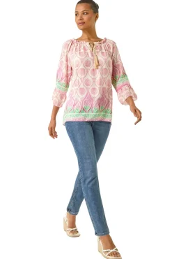 Tops>Roman Pink Printed Bardot Tie Neck Top