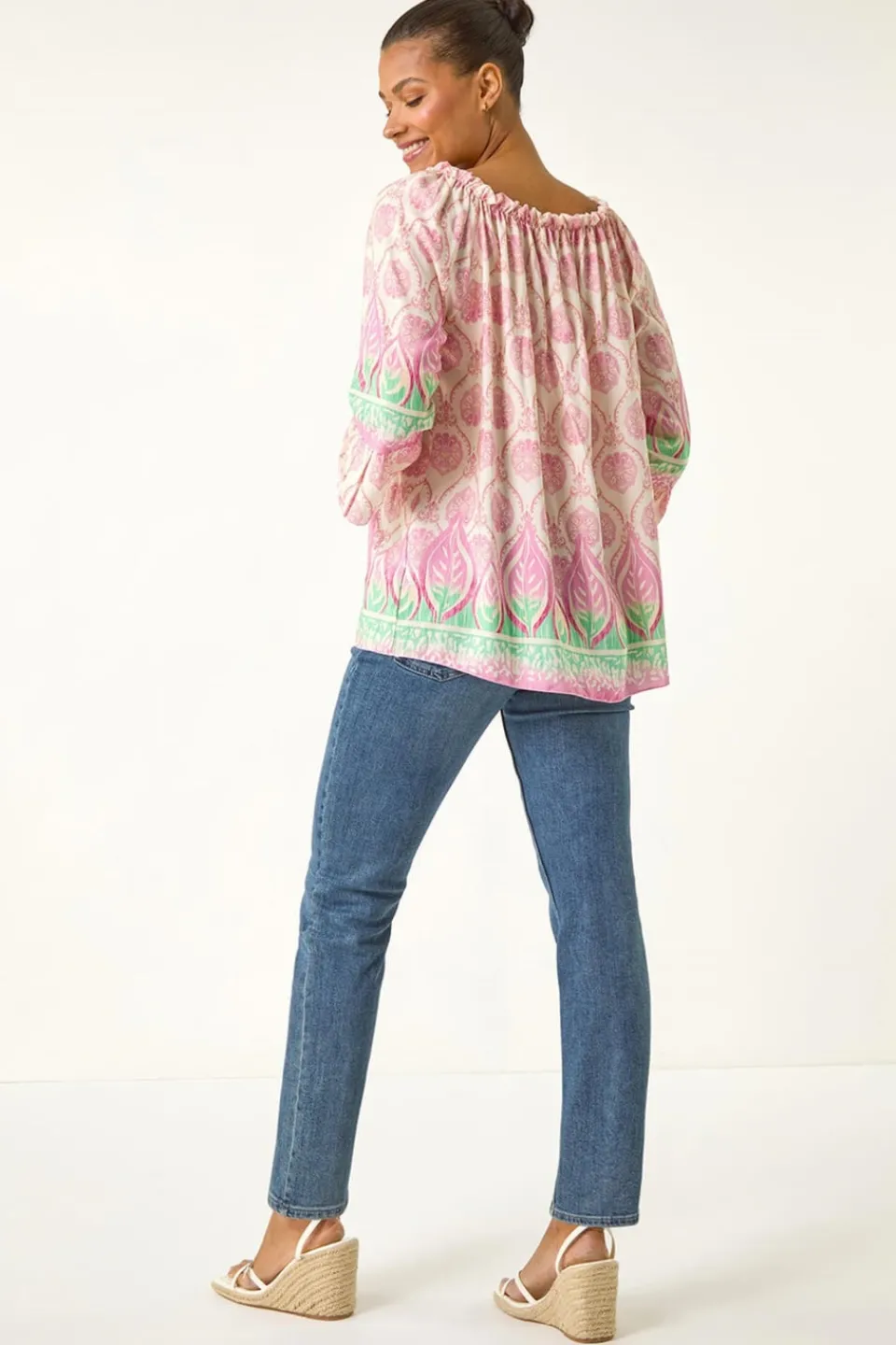 Tops>Roman Pink Printed Bardot Tie Neck Top