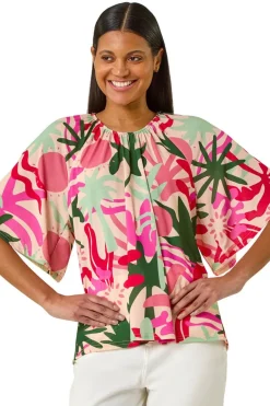 Tops>Roman Pink Printed Raglan Sleeve Stretch Top