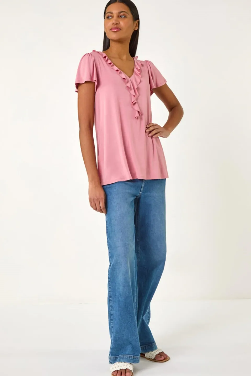 T-Shirts>Roman Pink Ruffle Front Stretch Top