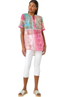 Tops>Roman Pink Scarf Print Hotfix Buttoned Top