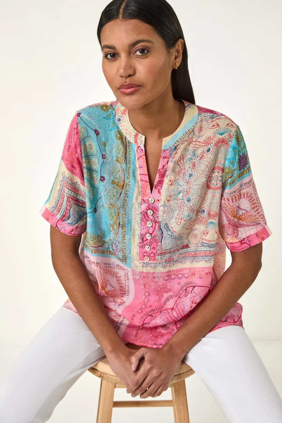 Tops>Roman Pink Scarf Print Hotfix Buttoned Top