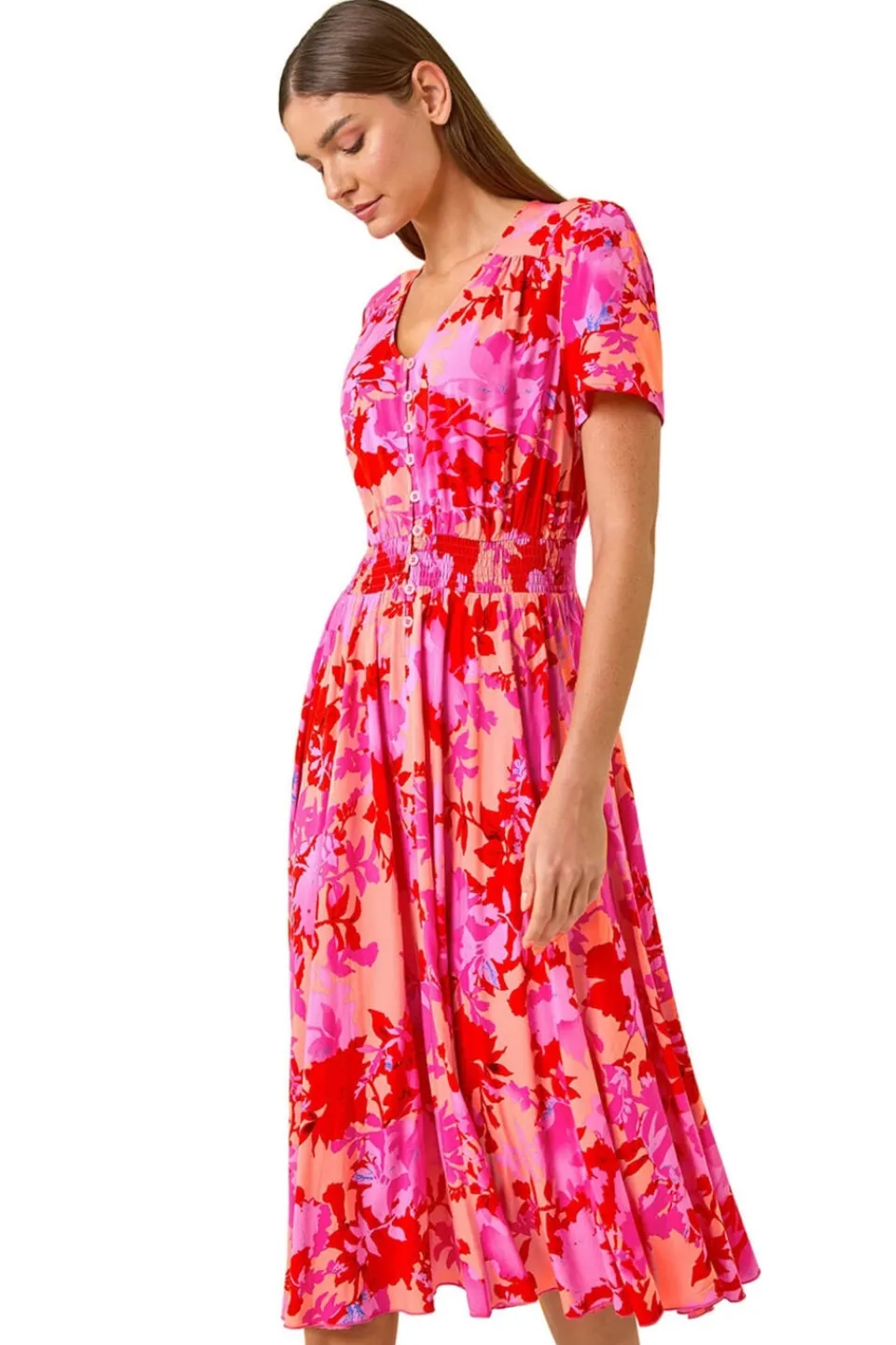 Dresses>Roman Pink Shadow Floral Print Shirred Midi Dress