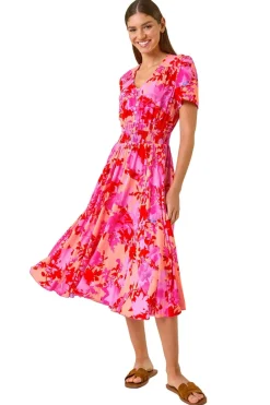 Dresses>Roman Pink Shadow Floral Print Shirred Midi Dress